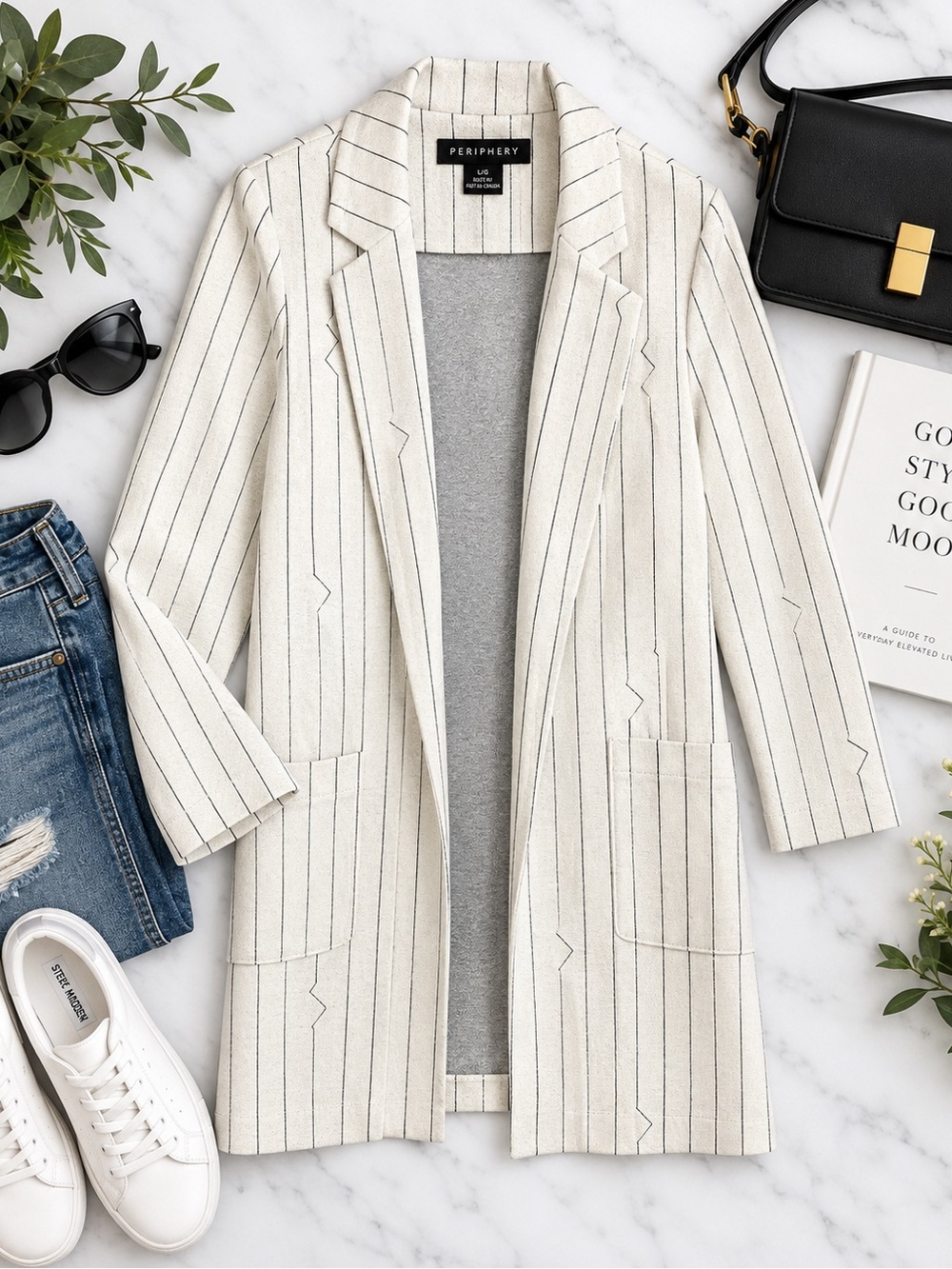 Periphery Cream Pinstripe Longline Blazer Jacket – Size L